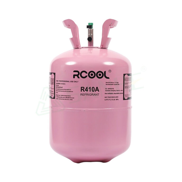 Pink R410A refrigerant gas cylinder with valve and labels, used in HVAC systems for cooling and refrigeration.